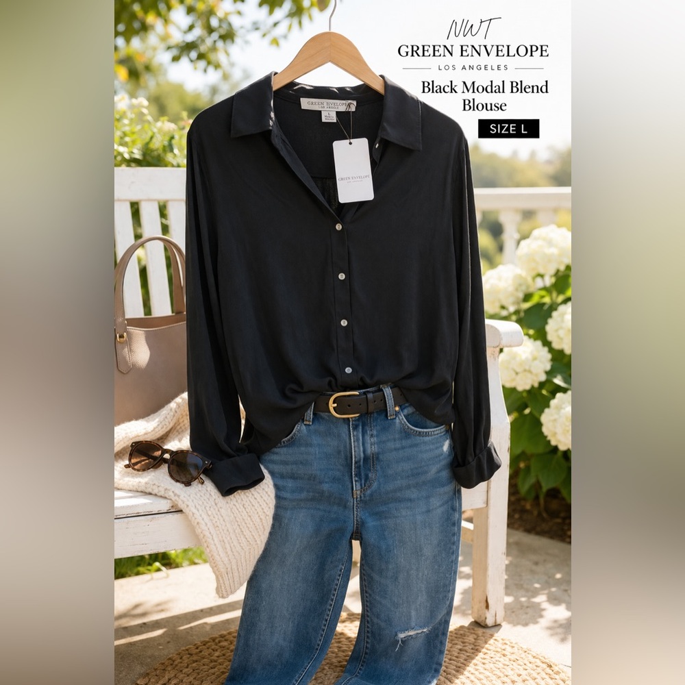 Green Envelope Los Angeles Black Modal Blend Blouse Size L Soft Stretch NWT